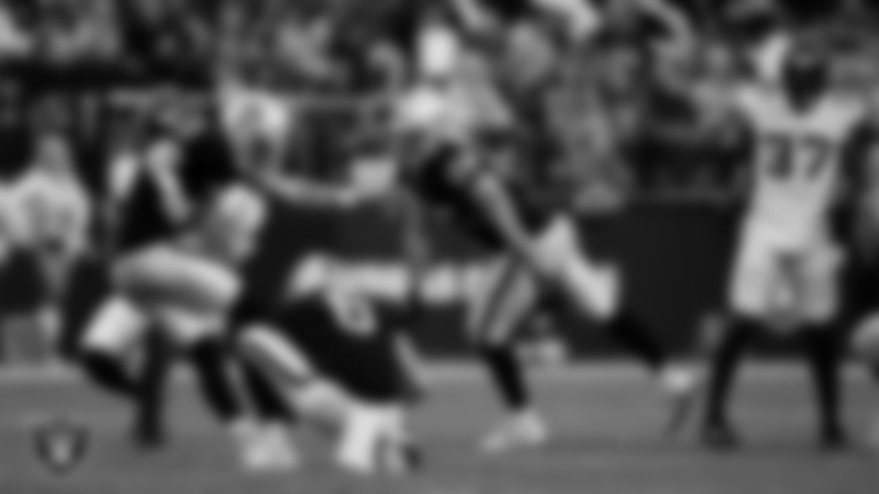 Las Vegas Raiders kicker Daniel Carlson (2) kicks a 47-yard field goal during the preseason home game against the Minnesota Vikings at Allegiant Stadium.
