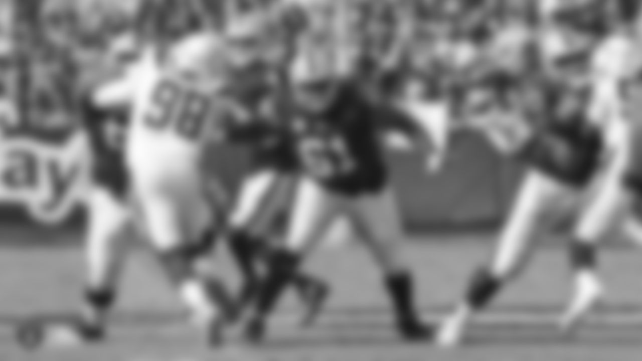 Oakland Raiders center Rodney Hudson (61) during the Oakland Raiders regular season game against the Los Angeles Chargers at Oakland-Alameda County Coliseum, Sunday, November 11, 2018, in Oakland, California. The Oakland Raiders lost 20-6.