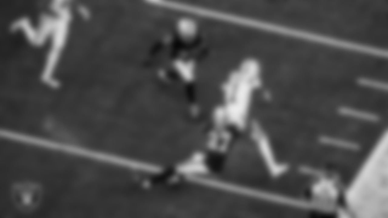 Las Vegas Raiders cornerback Sam Webb (27) makes a tackle during the regular season home game against the Indianapolis Colts at Allegiant Stadium.