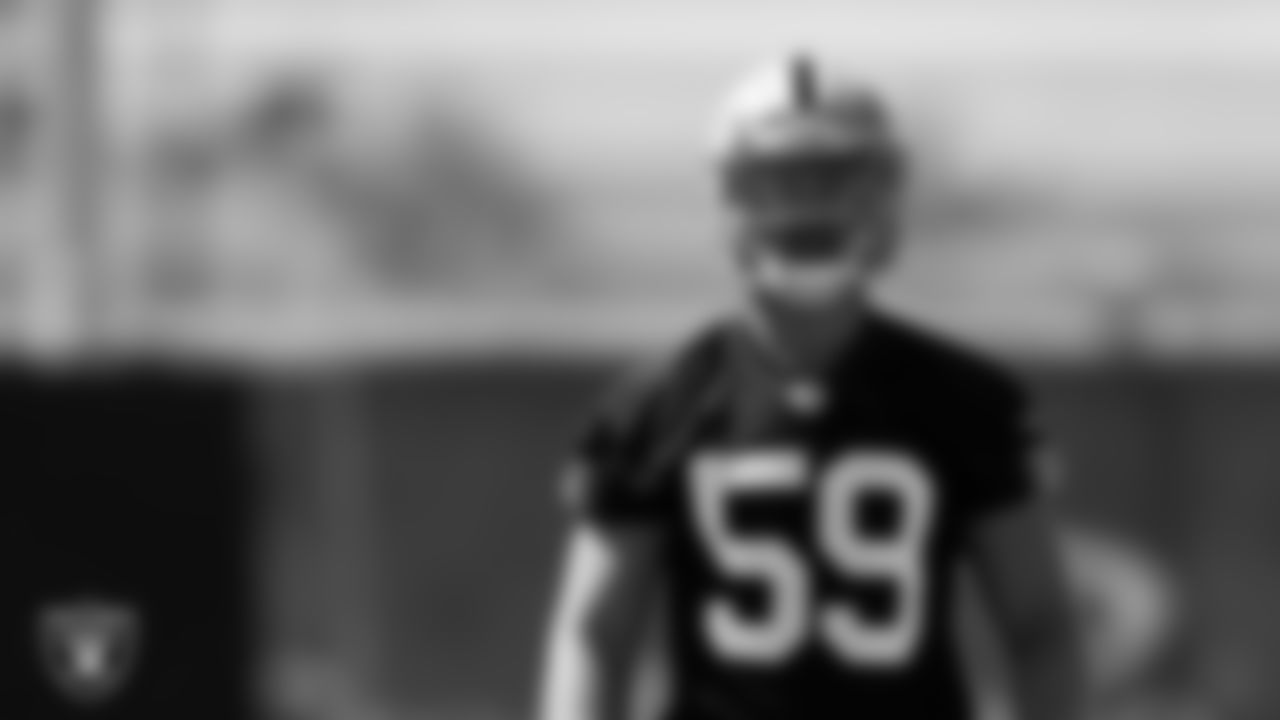 Las Vegas Raiders linebacker Luke Masterson (59) at an Organized Team Activity (OTA).