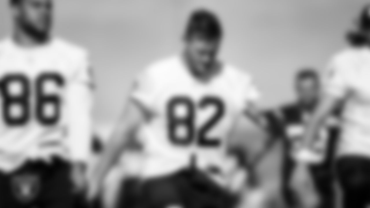 Las Vegas Raiders tight end Nick Bowers (82) at a workout during phase two of the offseason program.