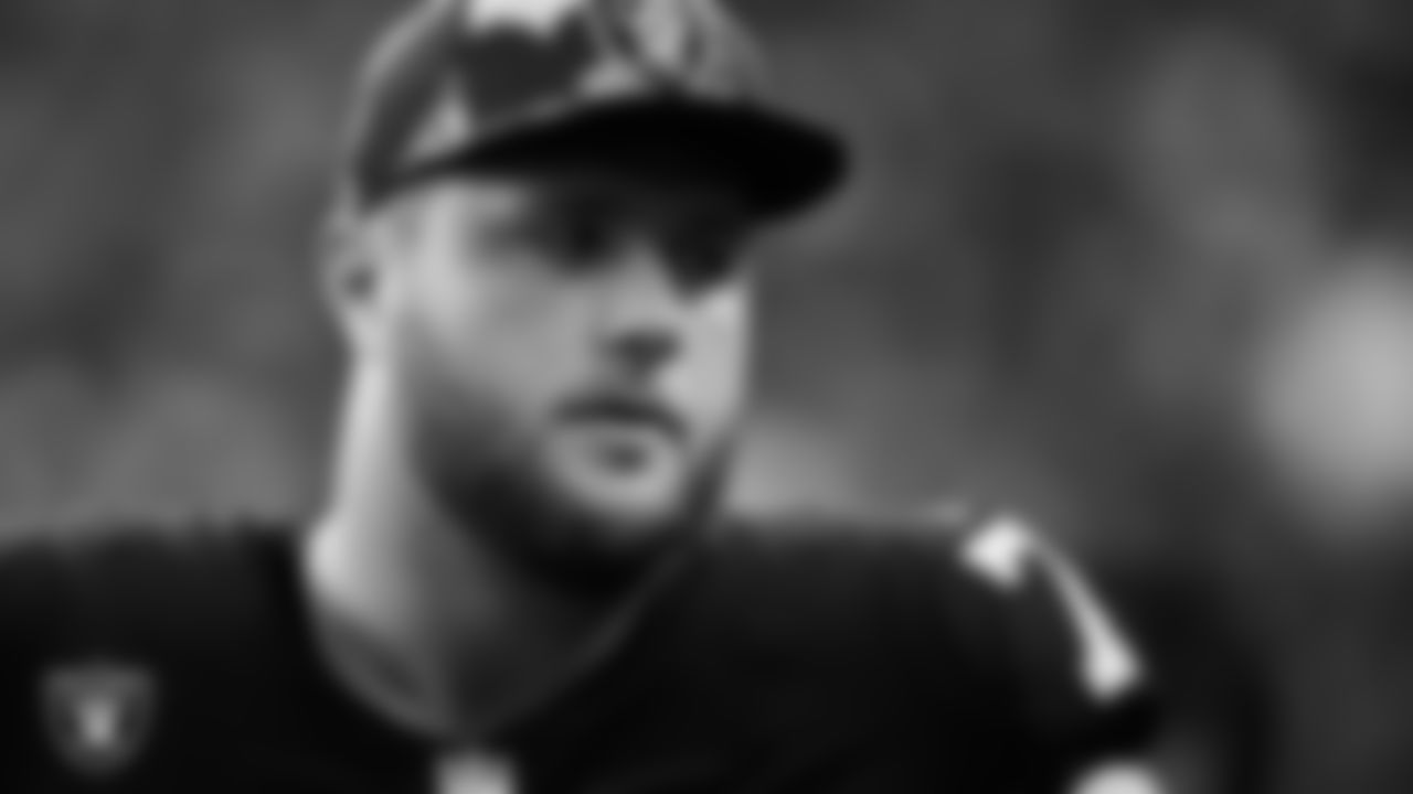 Las Vegas Raiders tackle Kolton Miller (74) on the sidelines during the preseason home game against the New England Patriots at Allegiant Stadium.