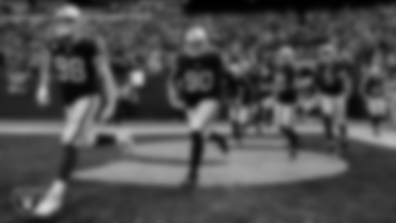 The Las Vegas Raiders are introduced onto the field before their regular season home game against the Chicago Bears.