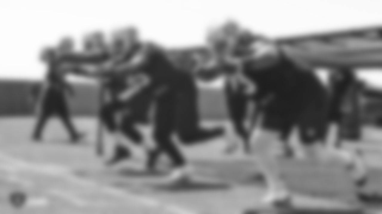 Oakland Raiders defensive lineman Tank Carradine (96), defensive end Fadol Brown (95), and defensive tackle Maurice Hurst (73) at an Organized Team Activity (OTA) at the Oakland Raiders Practice Facility, Tuesday, May 29, 2018, in Alameda, California.