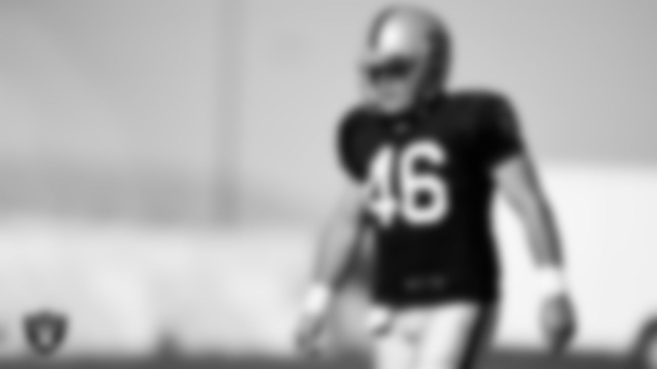 Las Vegas Raiders long snapper Carson Tinker (46) during practice at Intermountain Healthcare Performance Center.