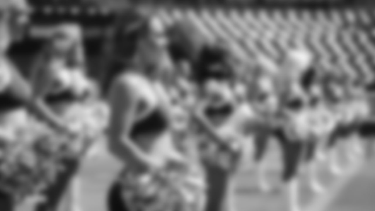 The Raiderettes warm up on the field before the Oakland Raiders game against the Los Angeles Rams at Oakland-Alameda County Coliseum, Monday, September 10, 2018, in Oakland, California. The Oakland Raiders lost 33-13.