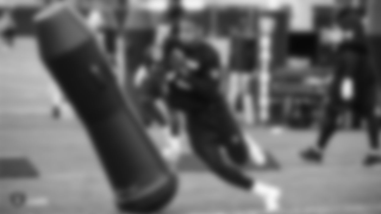 Raiders defensive end Quinton Bell (95) at a workout during phase two of the offseason program at the Raiders Practice Facility in Alameda, Calif.