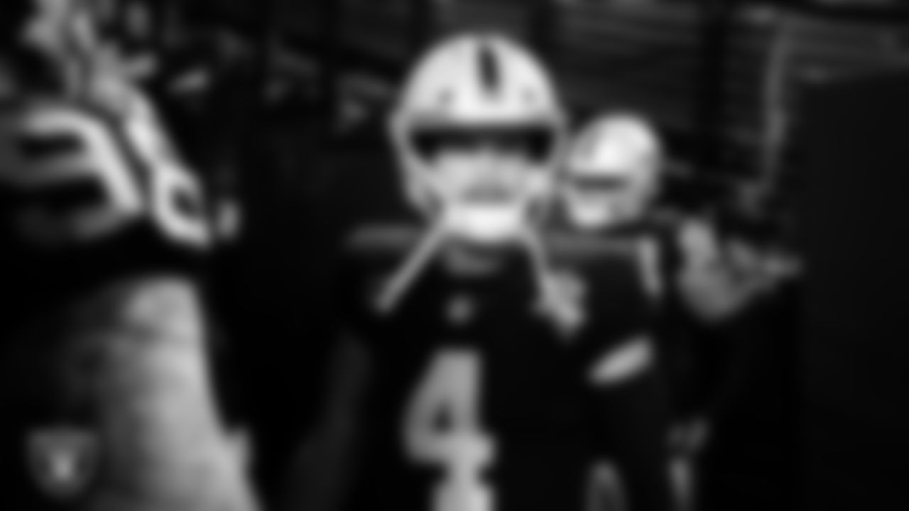 Las Vegas Raiders quarterback Derek Carr (4) waits to be introduced onto the field before the regular season home game against the Kansas City Chiefs.