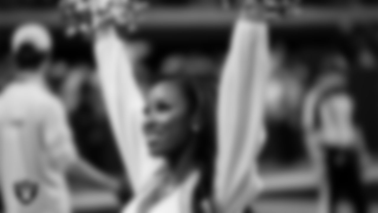 Raiderette Jekailah on the sidelines during the regular season home game against the Kansas City Chiefs at Allegiant Stadium.