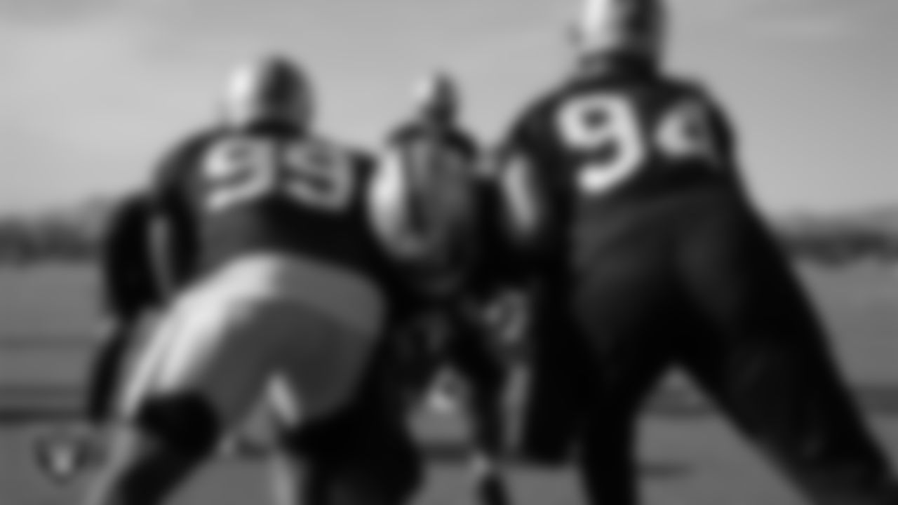Las Vegas Raiders defensive end Clelin Ferrell (99), defensive end Yannick Ngakoue (91) and defensive end Carl Nassib (94) on the field for practice at 2021 Training Camp.
