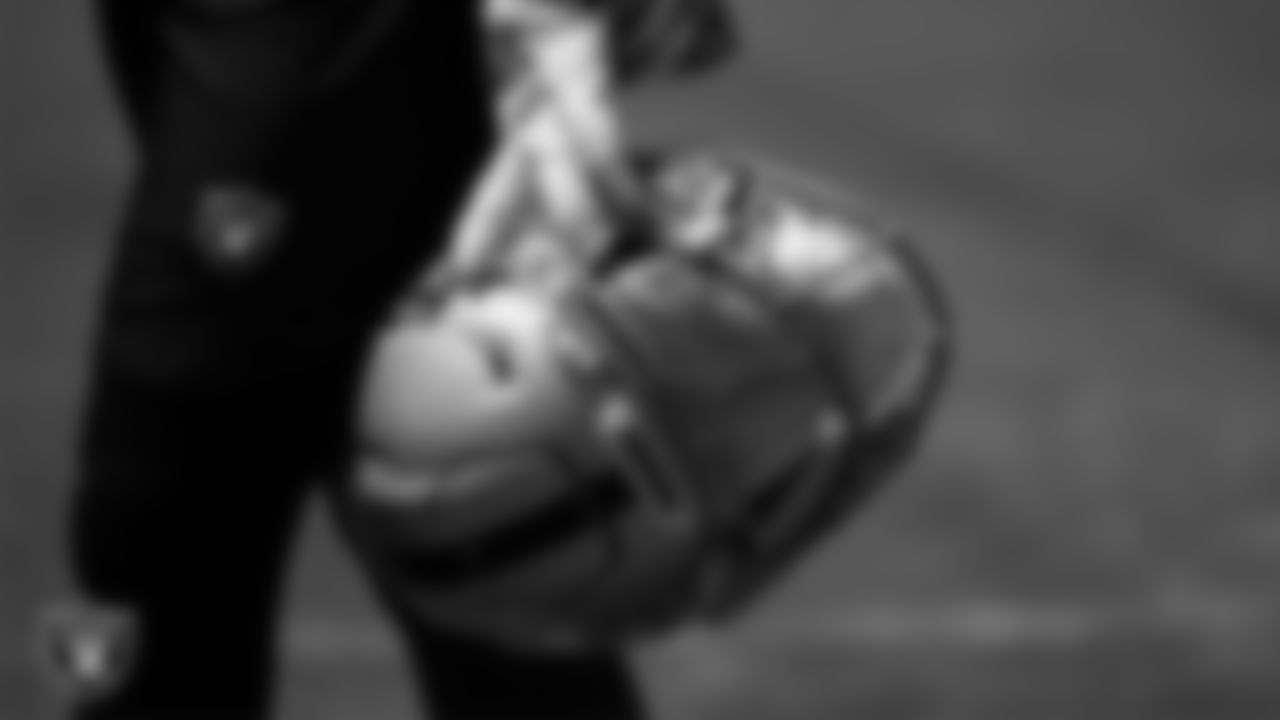 A Las Vegas Raiders helmet at an Organized Team Activity (OTA).