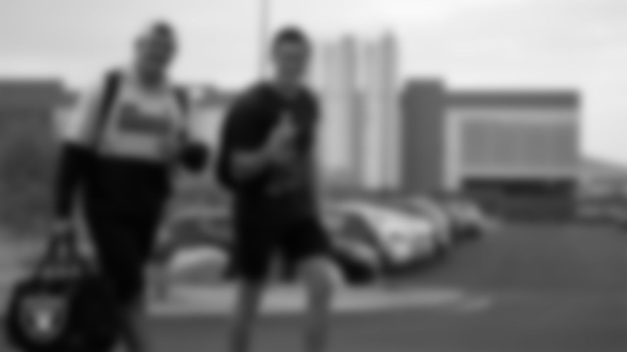 Las Vegas Raiders long snapper Liam McCullough (48) and kicker Dominik Eberle (5) arrive for 2021 Pre-Training Camp.