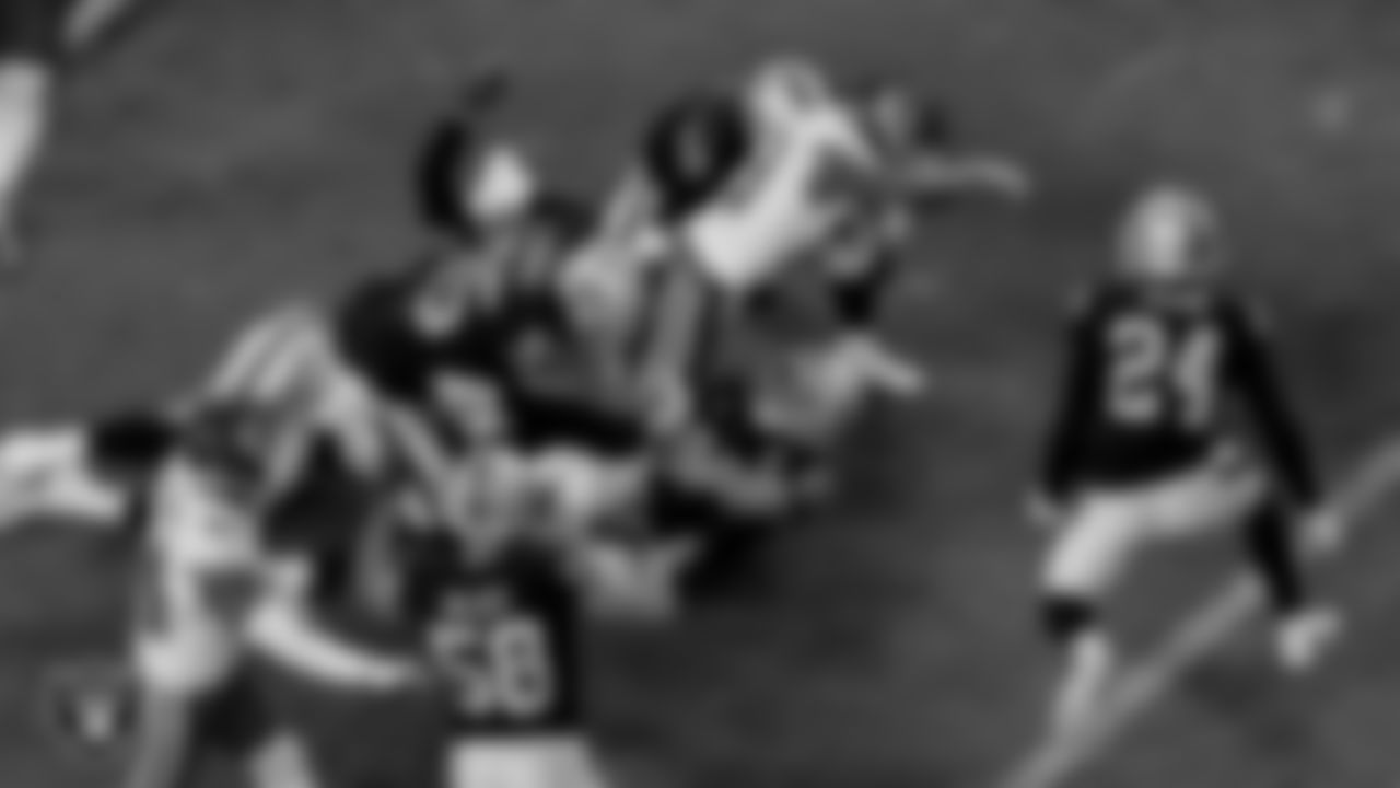Las Vegas Raiders tight end Derek Carrier (85), safety Erik Harris (25), safety Johnathan Abram (24), and safety Dallin Leavitt (32) during the regular season game against the Kansas City Chiefs at Allegiant Stadium.