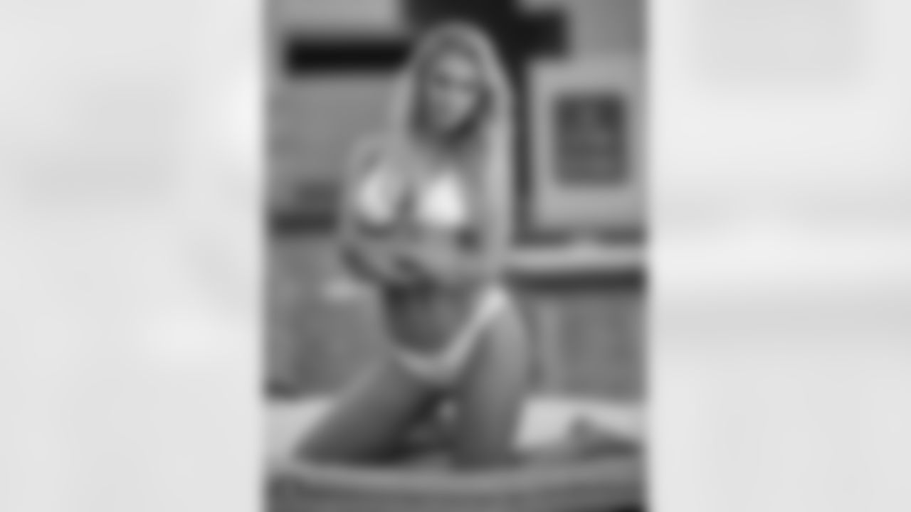 Raiderette Whitney poses for the 2021 Raiderettes Swimsuit Photoshoot at Luxor Resort and Casino.