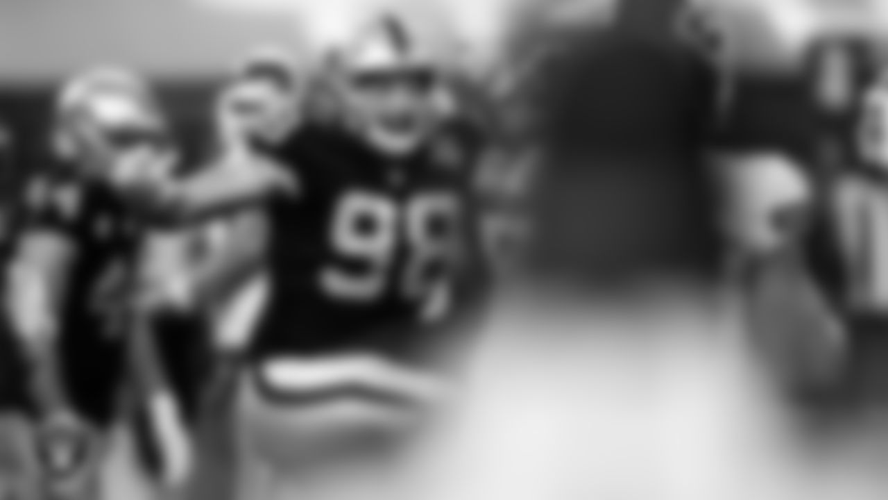 Las Vegas Raiders defensive end Maxx Crosby (98) celebrates after making a tackle during the regular season home game against the Kansas City Chiefs.