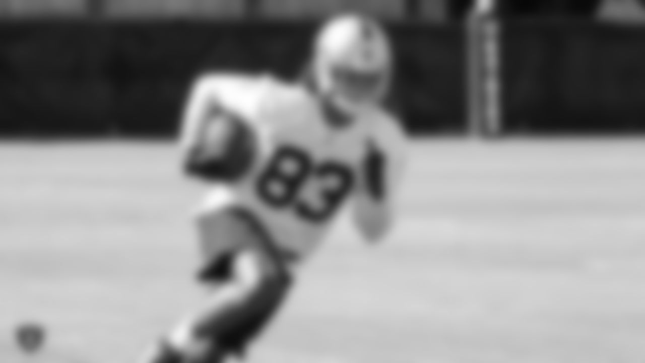 Oakland Raiders tight end Marcus Baugh (83) on the field for practice at 2018 Pre-Training Camp at The Oakland Raiders Napa Valley Training Complex, Thursday, July 26, 2018, in Napa, California.