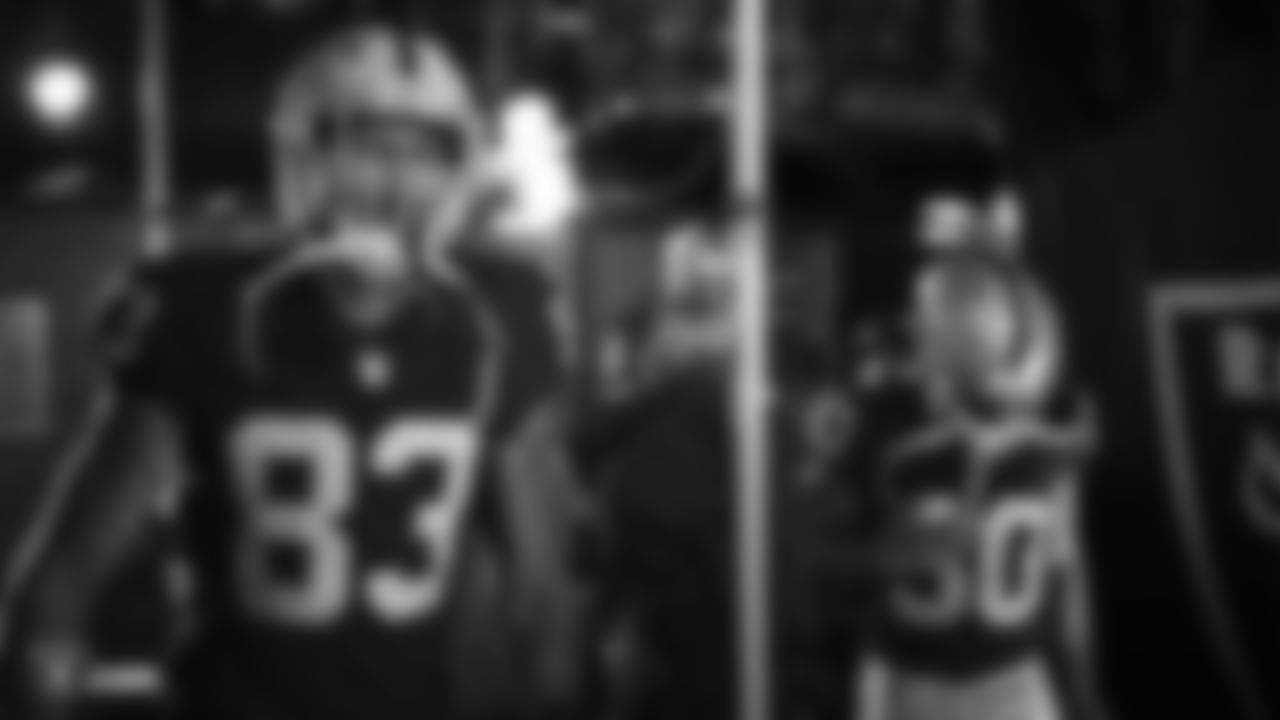 Oakland Raiders tight end Darren Waller (83) waits to be introduced onto the field before the Oakland Raiders regular season game against the Denver Broncos at Oakland-Alameda County Coliseum, Monday, December 24, 2018, in Oakland, California. The Oakland Raiders won 24-17.