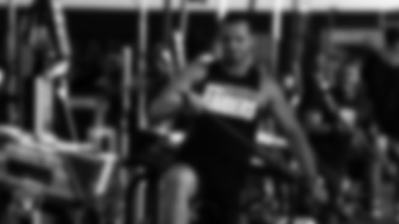 Las Vegas Raiders quarterback Derek Carr (4) in the weight room for a workout at 2020 Training Camp