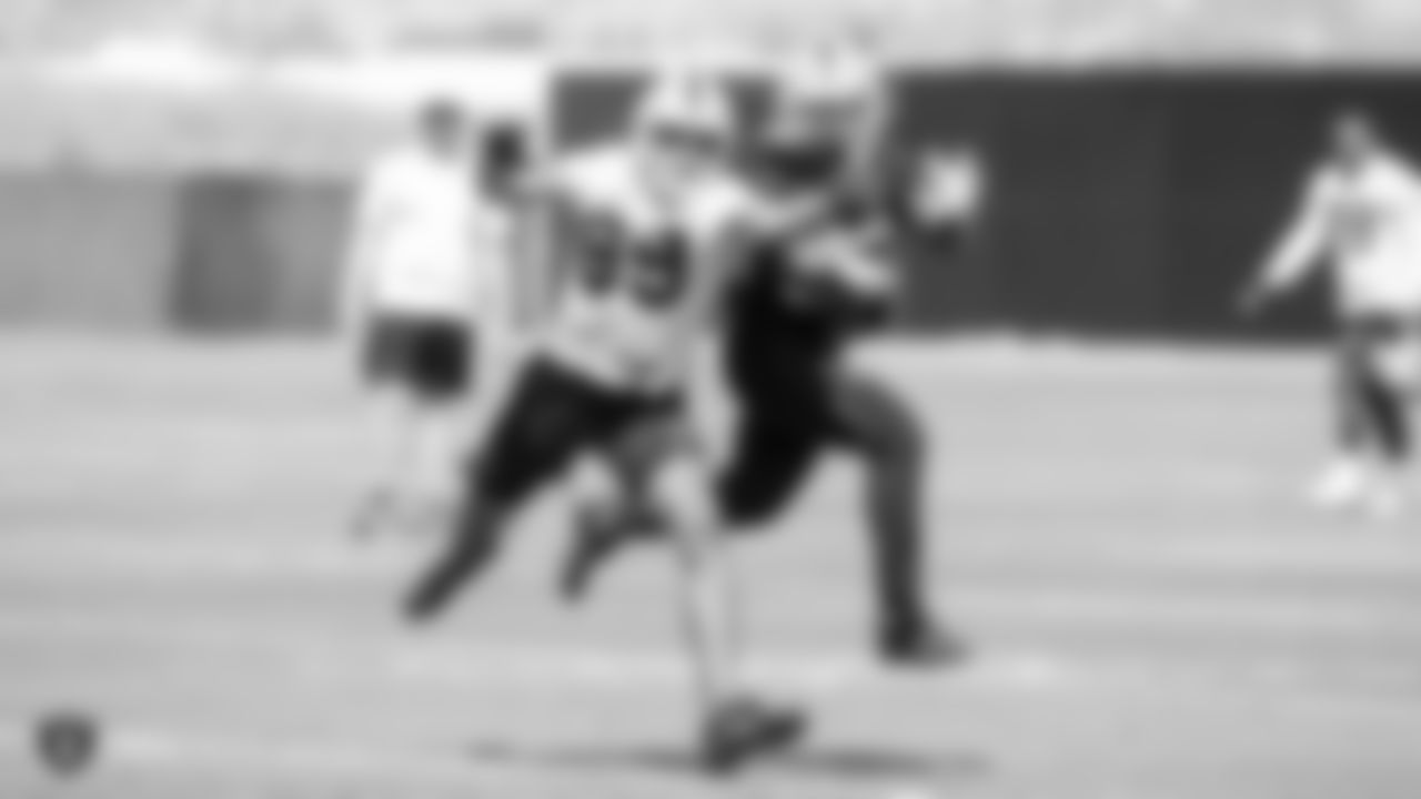 Raiders wide receiver Keelan Doss (89) and cornerback Nick Nelson (23) at a Mandatory Minicamp at the Raiders Practice Facility in Alameda, Calif.