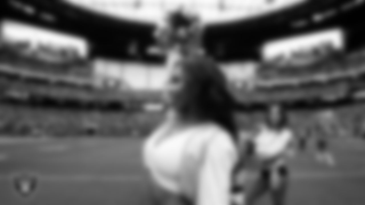 Raiderette Danielle during player introductions before the regular season home game against the Denver Broncos at Allegiant Stadium.