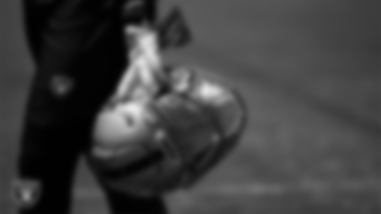 A Las Vegas Raiders helmet at an Organized Team Activity (OTA).