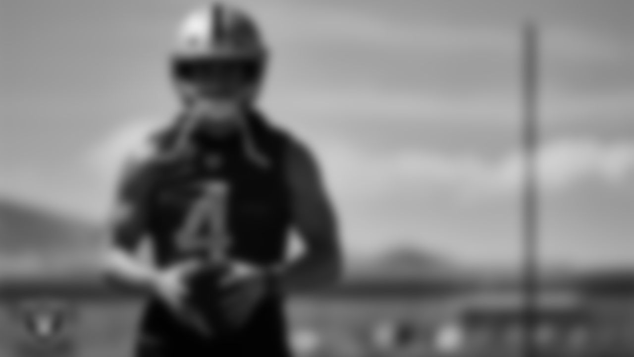 Las Vegas Raiders quarterback Derek Carr (4) at an Organized Team Activity (OTA).