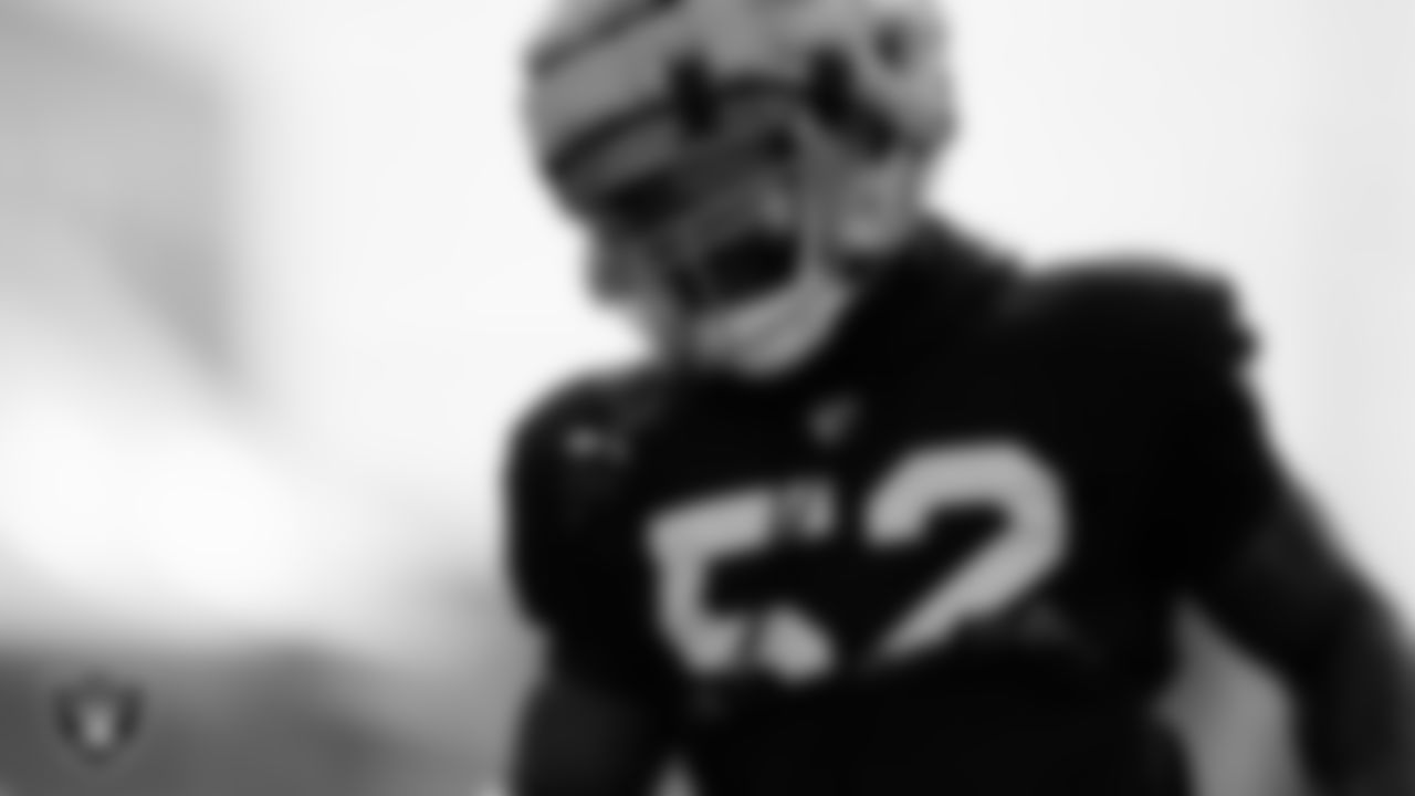 Las Vegas Raiders linebacker Denzel Perryman (52) on the field for practice at 2022 Training Camp at Intermountain Healthcare Performance Center.