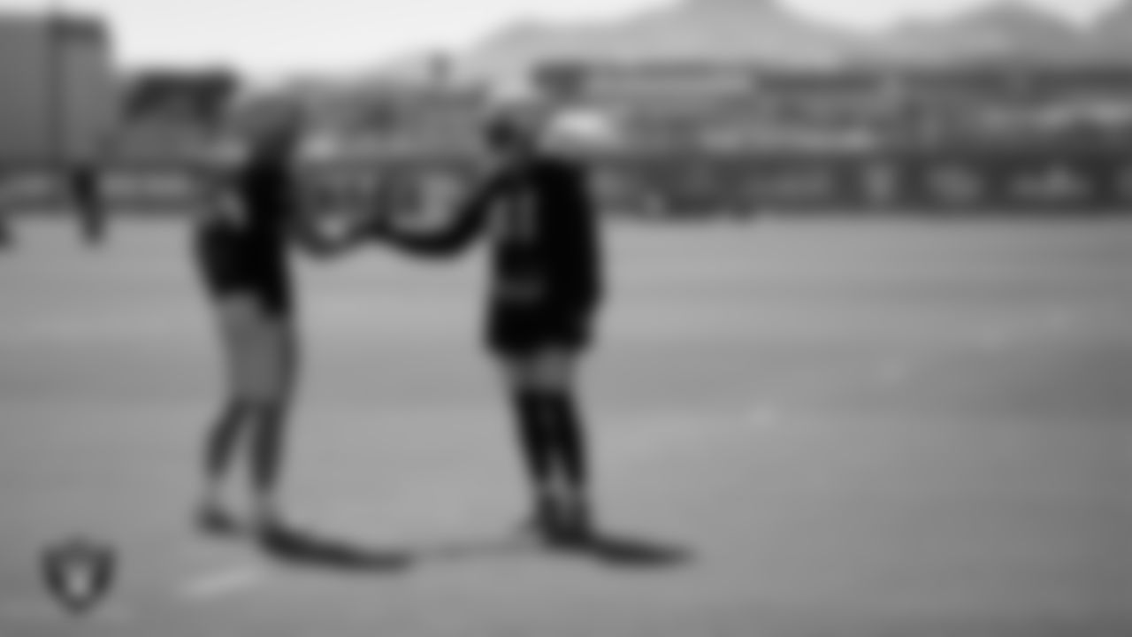 Las Vegas Raiders linebacker Luke Masterson (59) and linebacker Robert Spillane (41) during practice at Intermountain Health Performance Center.