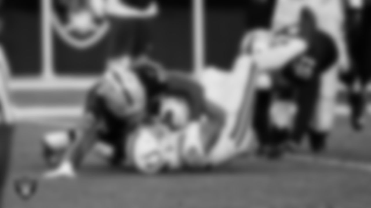 Las Vegas Raiders linebacker Nicholas Morrow (50) makes a tackle during the regular season home game against the Indianapolis Colts.