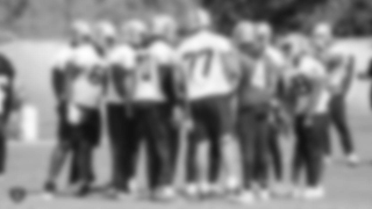 Oakland Raiders players and coaches on the field for practice at the Oakland Raiders Practice Facility, Friday, September 14, 2018, in Alameda, California.