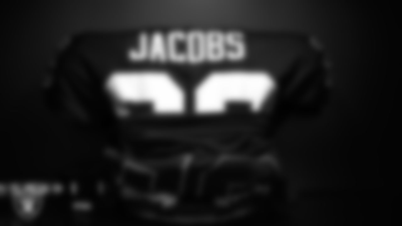 Las Vegas Raiders running back Josh Jacobs' (28) pads in the locker room prior to the Raiders' arrival for their regular season home game against the Kansas City Chiefs.