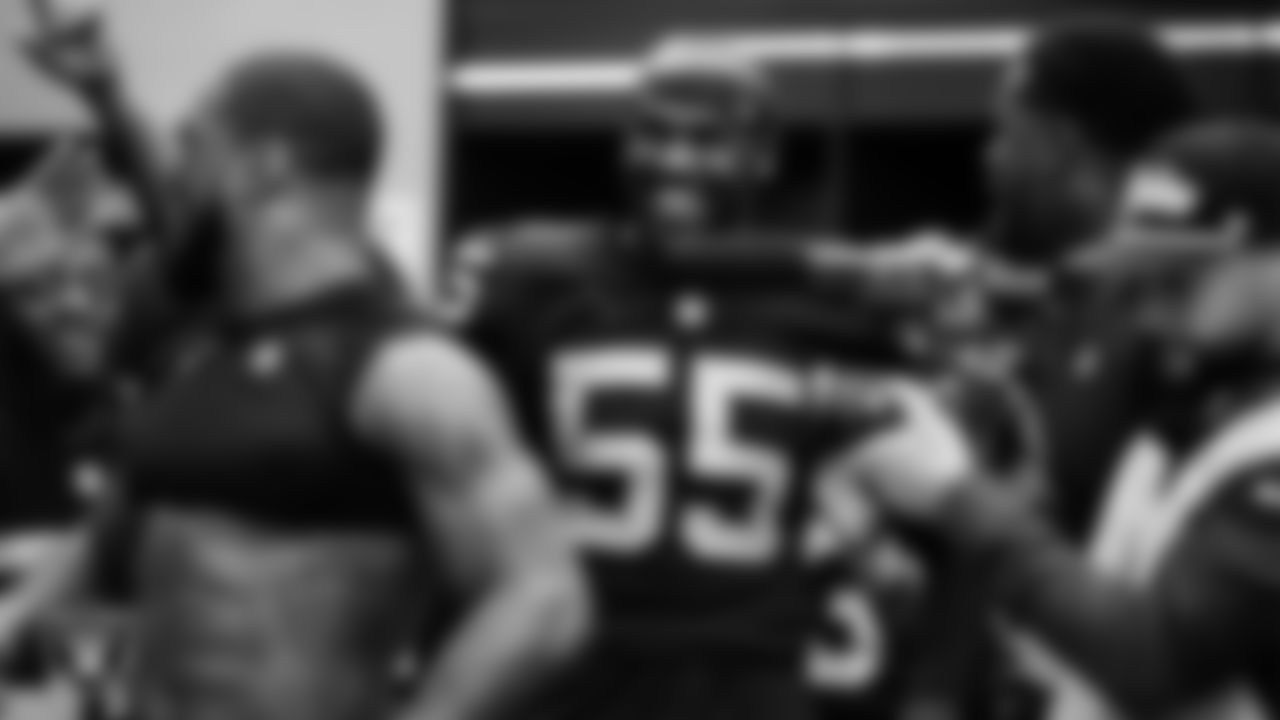 Las Vegas Raiders defensive end Chandler Jones (55) in the locker room after the regular season home game against the New England Patriots at Allegiant Stadium.