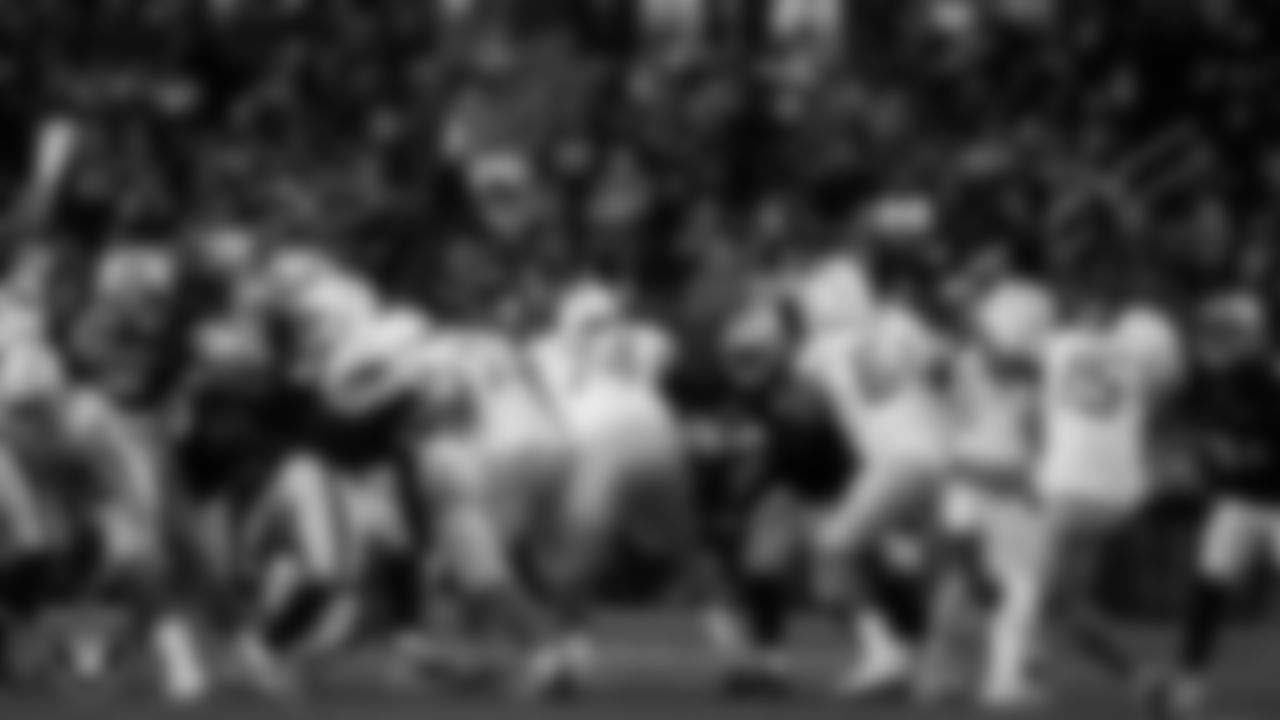 The Las Vegas Raiders special teams unit blocks on a kick attempt during the regular season home game against the Los Angeles Chargers at Allegiant Stadium.