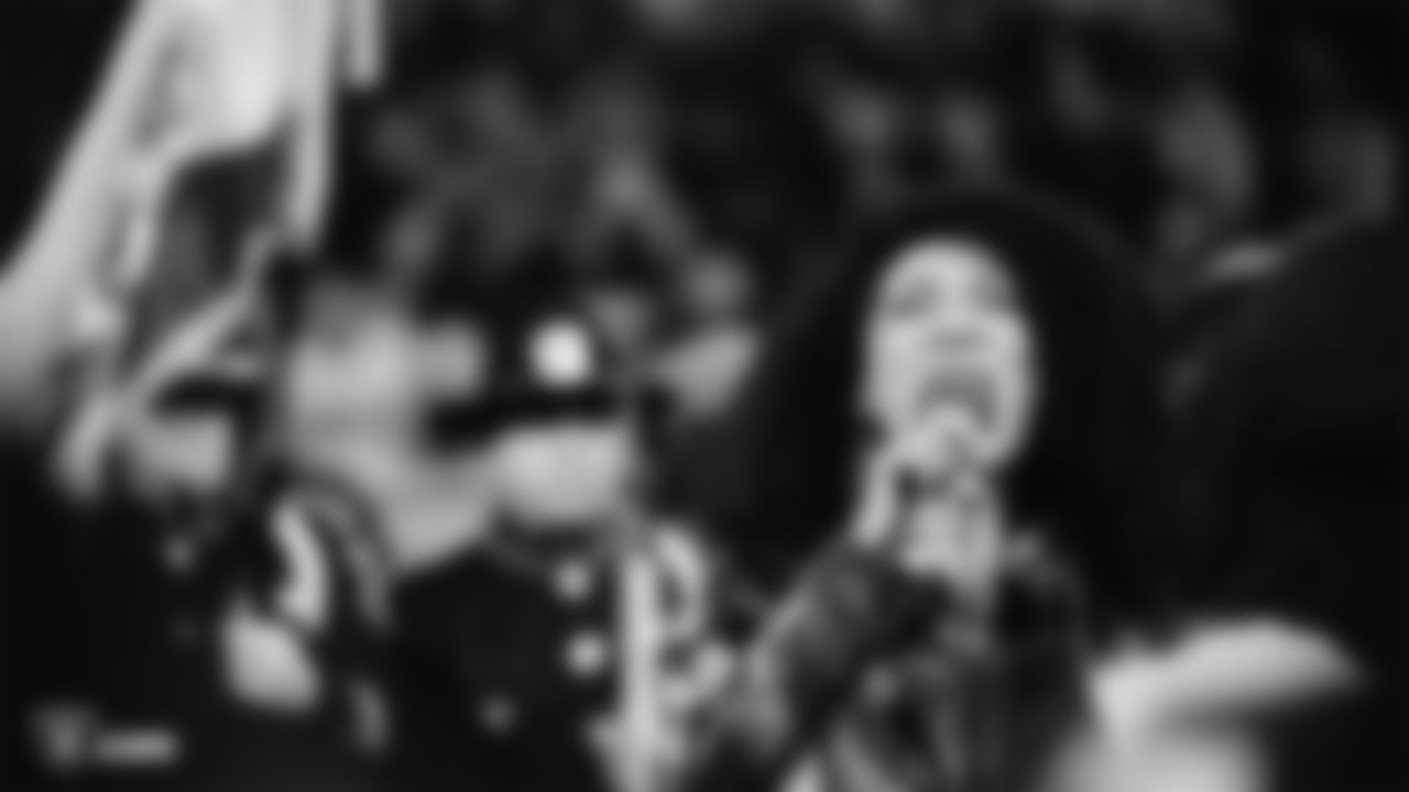 Singer Judith Hill performs the national anthem before the Oakland Raiders regular season game against the Denver Broncos at Oakland-Alameda County Coliseum, Monday, December 24, 2018, in Oakland, California. The Oakland Raiders won 24-17.