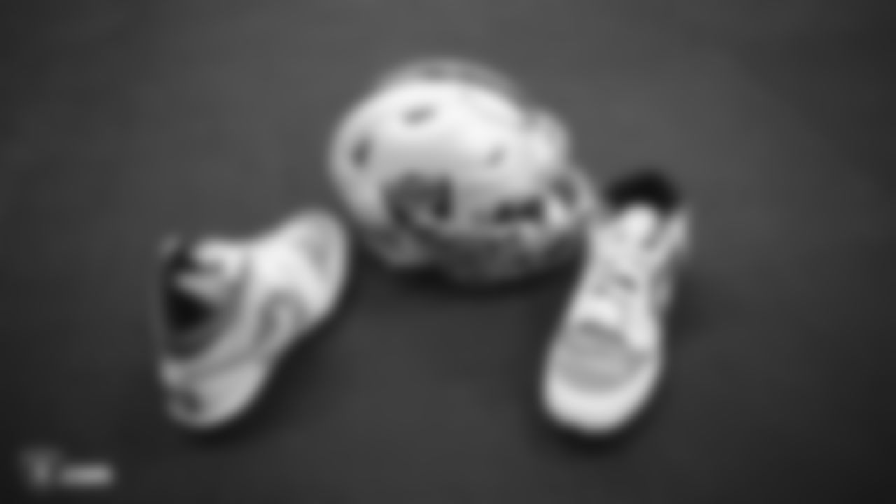 Raiders tight end Darren Waller's (83) custom cleats for the NFL's My Cause My Cleats campaign in the locker room prior to the Raiders arrival for their regular season game against the Tennessee Titans. Darren Waller wears these cleats in support of Davis Direction Foundation.