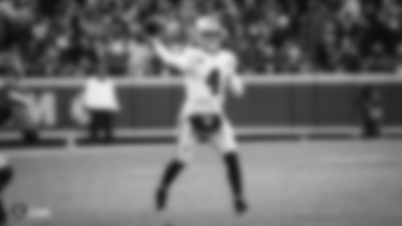 Oakland Raiders quarterback Derek Carr (4) during the Oakland Raiders regular season game against the Kansas City Chiefs at Arrowhead Stadium, Sunday, December 30, 2018, in Kansas City, Missouri. The Oakland Raiders lost 35-3.