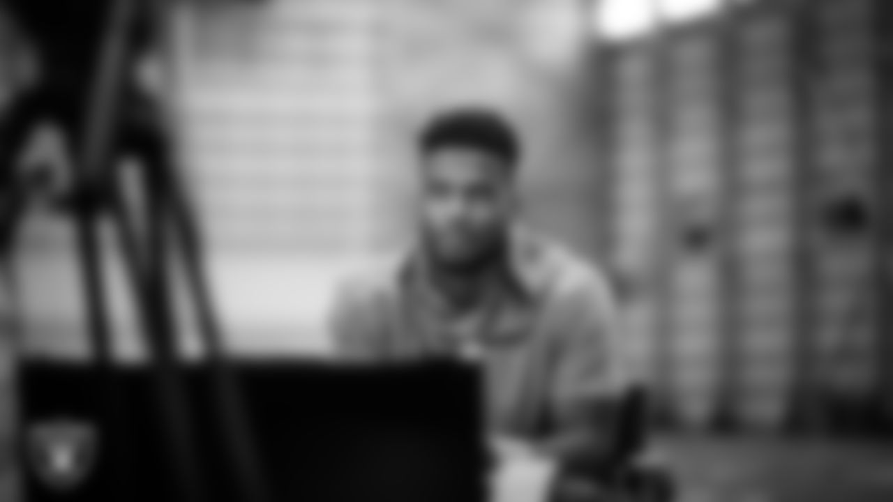 Las Vegas Raiders wide receiver Bryan Edwards (89) sits down for an interview with Silver and Black Productions after arriving for 2020 Training Camp.