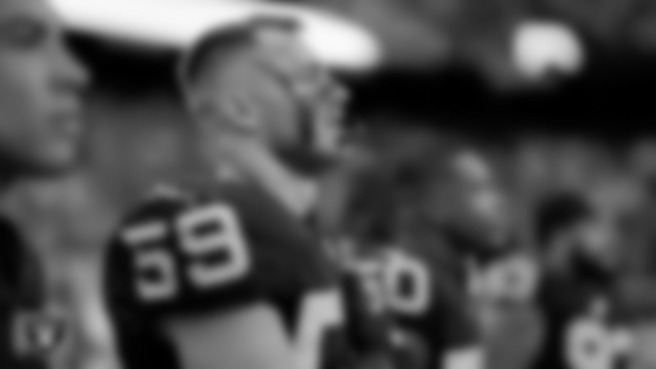 Las Vegas Raiders linebacker Luke Masterson (59) during the national anthem before the regular season home game against the Indianapolis Colts at Allegiant Stadium.
