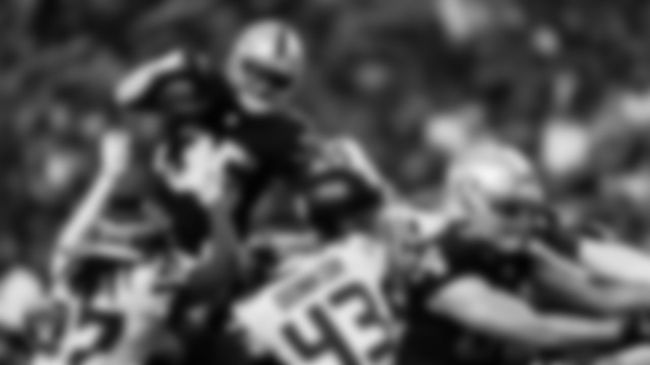 Las Vegas Raiders running back B.J. Emmons (35) rushes for a 2-yard touchdown during the preseason home game against the Seattle Seahawks.