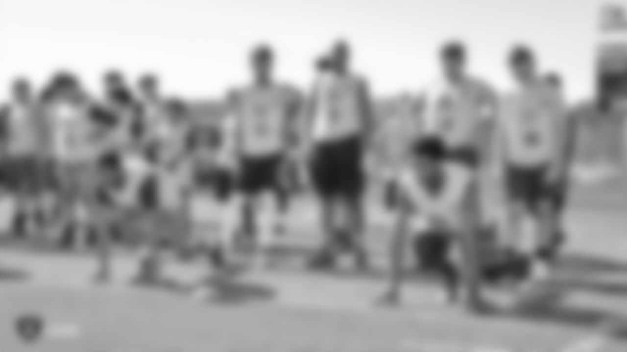 The Raiders, represented by alumnus Leo Gray, collaborate with the Las Vegas Metro Police Activities League to start a 7-on-7 NFL FLAG Passing League for high school junior varsity athletes, Saturday, April 20, 2019, at Rancho High School in Las Vegas, Nev.