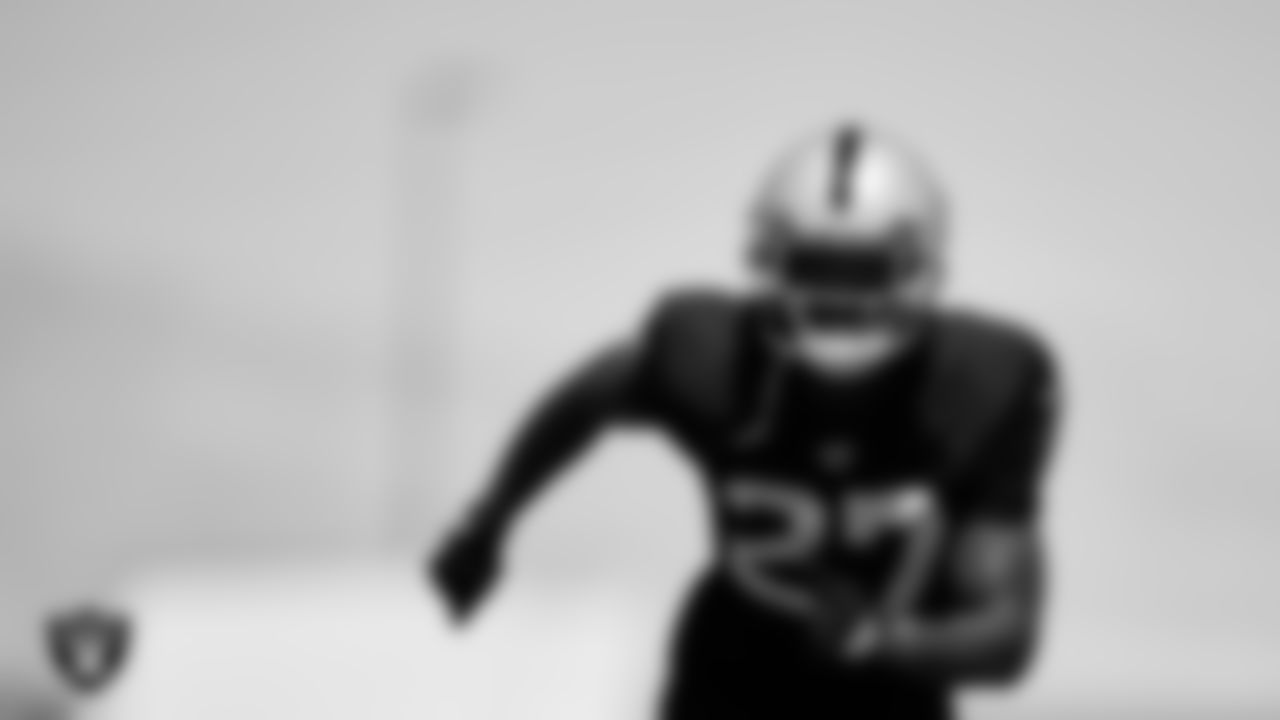 Las Vegas Raiders cornerback Trayvon Mullen Jr. (27) on the field for practice at 2021 Training Camp.