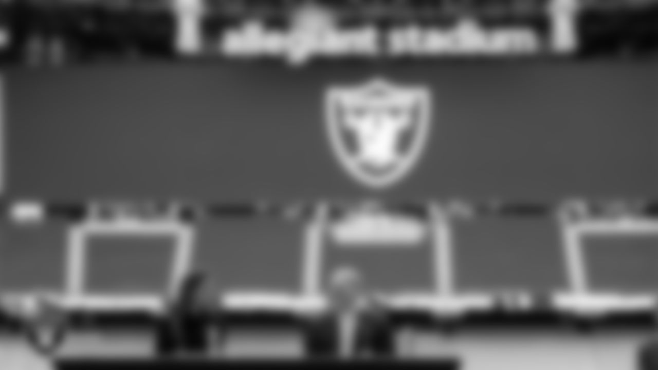 Las Vegas Raiders President Sandra Douglass Morgan and Owner Mark Davis during a press conference announcing Douglass Morgan as the Raiders new team president.
