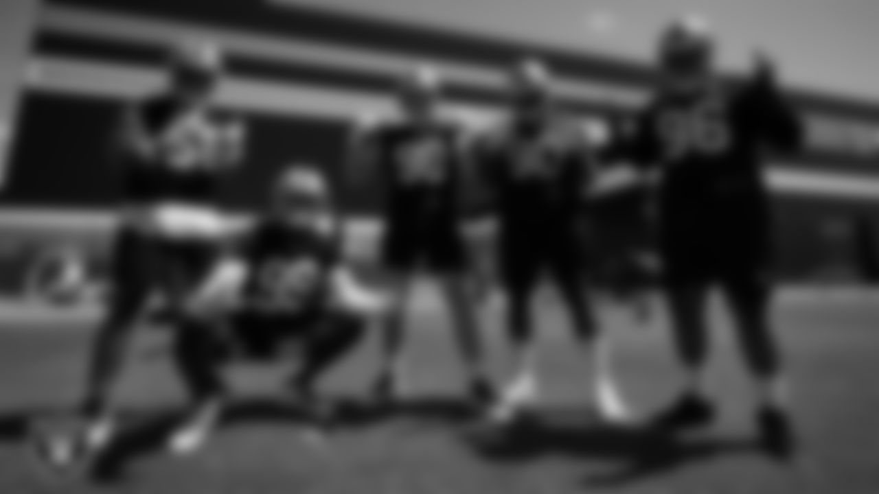 Las Vegas Raiders defensive end Matt Dickerson (56), defensive end Clelin Ferrell (99), defensive end Maxx Crosby (98), defensive tackle Johnathan Hankins (90) and defensive lineman Darius Philon (96) at an Organized Team Activity (OTA).