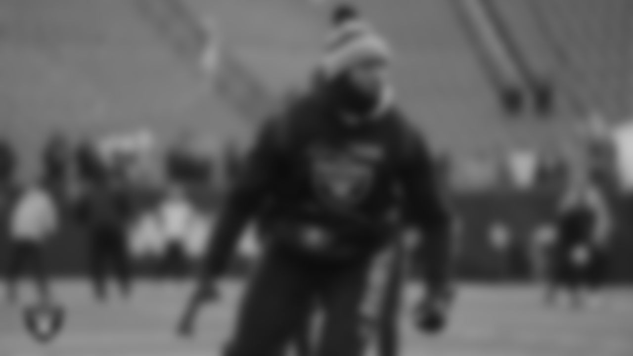 Las Vegas Raiders defensive tackle Damion Square (97) warming up before the postseason away game against the Cincinnati Bengals.