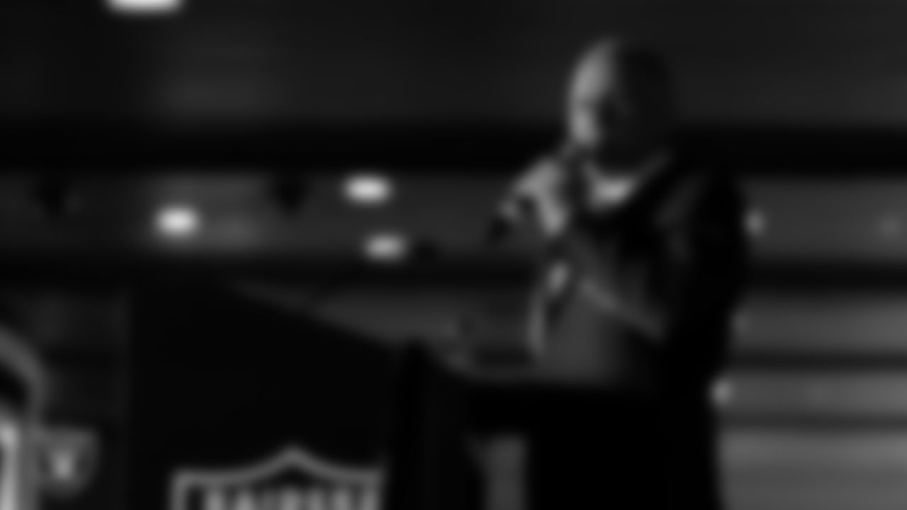 Las Vegas Raiders President Marc Badain speaks during the opening of the Raiders Tavern & Grill at M Resort Spa Casino.