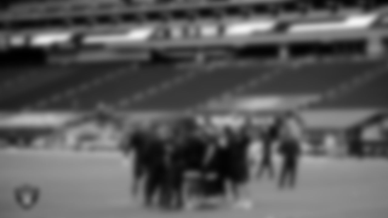 The Raiders warm up before the regular season game against the Buffalo Bills at Allegiant Stadium.