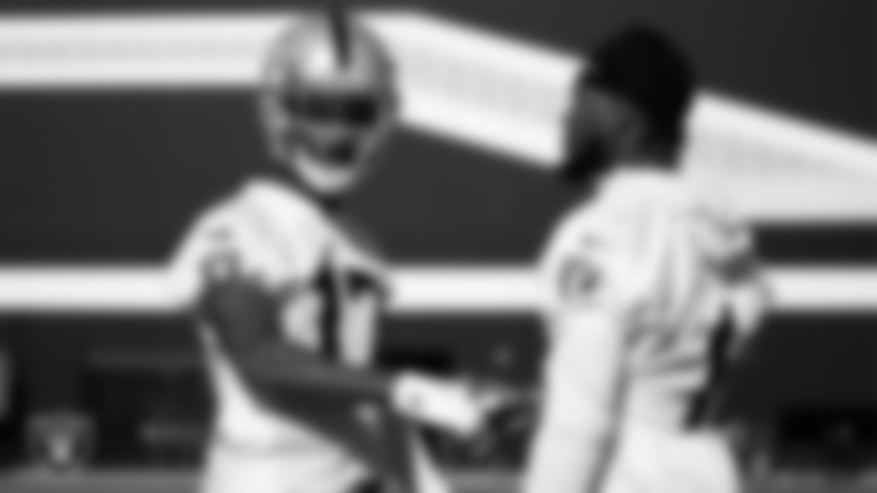 Las Vegas Raiders wide receiver Tyron Johnson (17) and wide receiver DeSean Jackson (1) during practice at Intermountain Healthcare Performance Center.