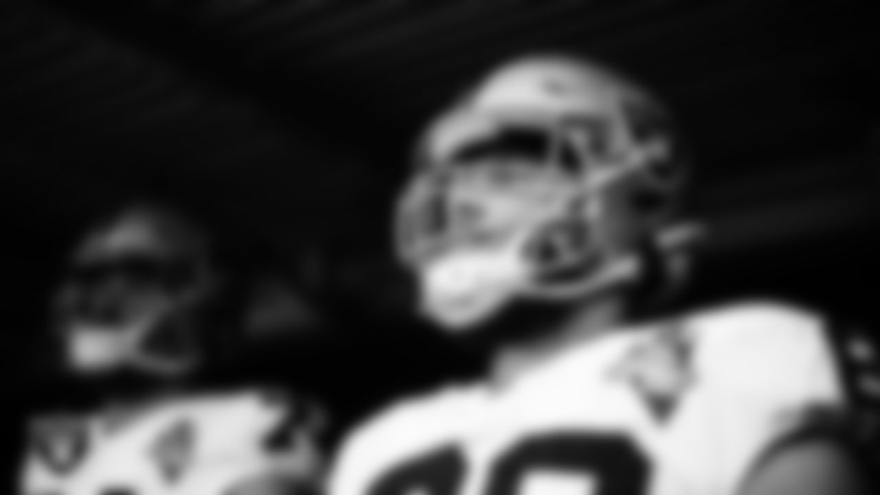 Las Vegas Raiders offensive lineman Andre James (68) waits to be introduced onto the field before the regular season away game against the Cleveland Browns.