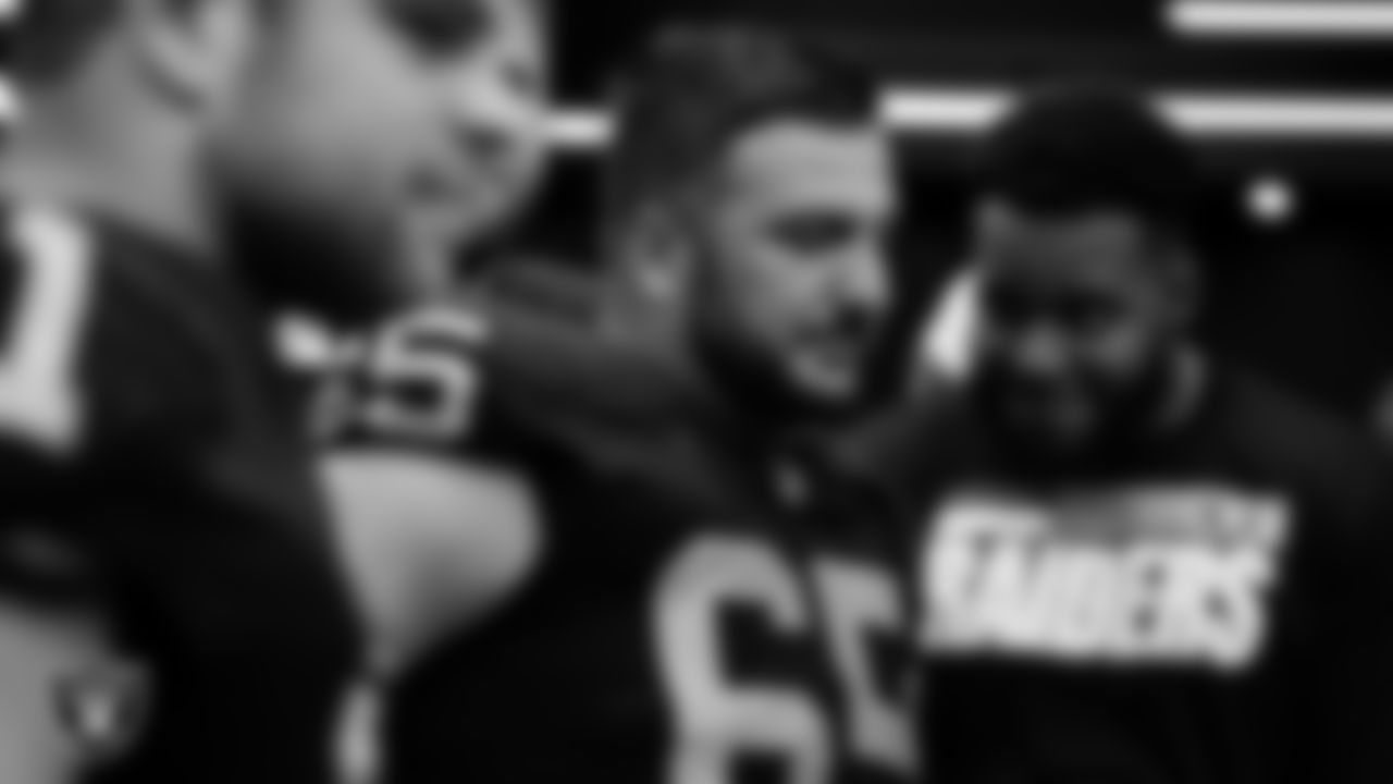 Las Vegas Raiders offensive lineman Hroniss Grasu (65) in the locker room after the regular season home game against the New England Patriots at Allegiant Stadium.