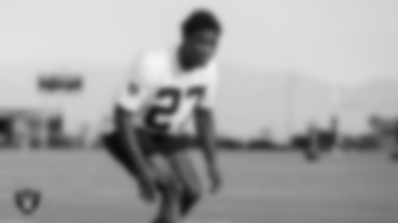 Las Vegas Raiders cornerback Trayvon Mullen (27) on the field for practice at 2020 Training Camp.